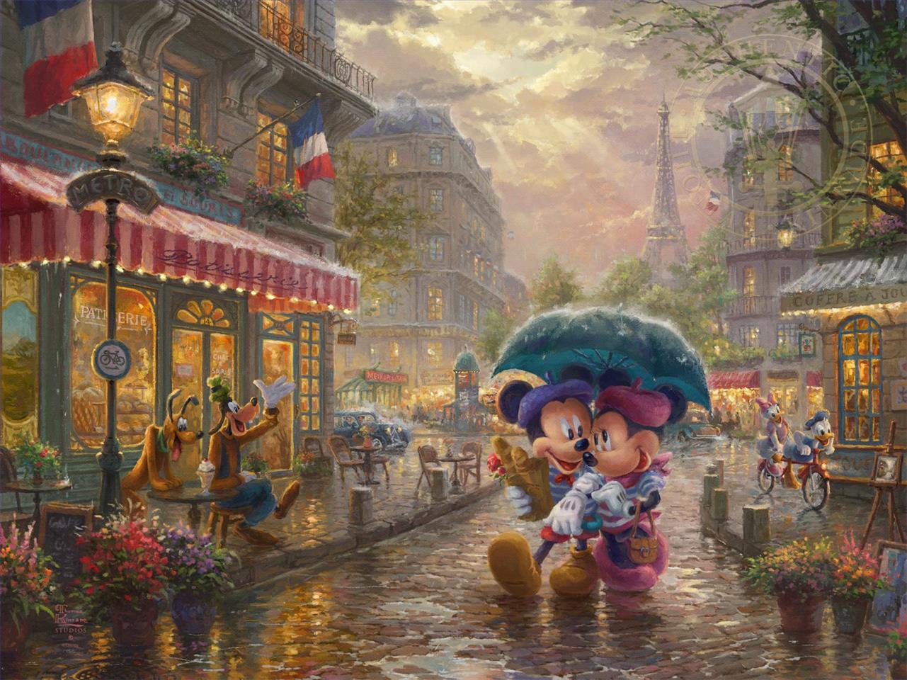 Mickey et Minnie à Paris Thomas Kinkade Peintures à l'huile